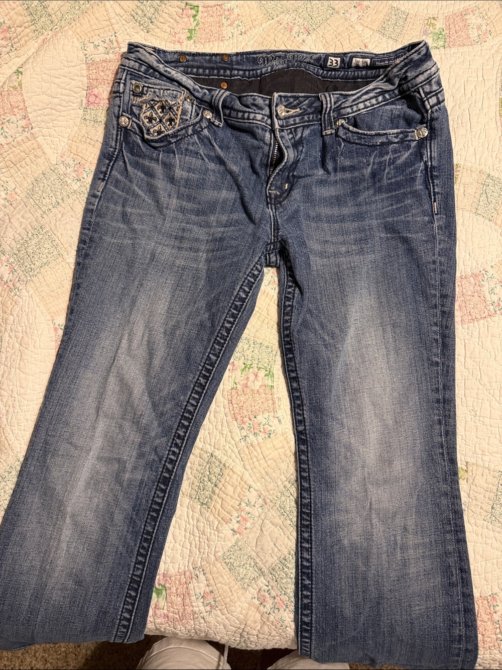 Miss Me Faded Blue Embroidered Pocket Bootcut Jeans
